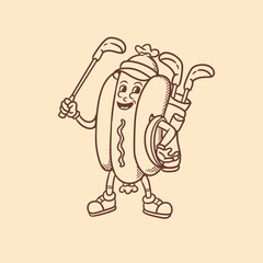 mascot hotdog with golf outfit good for doodle, coloring book, branding, element design, etc
