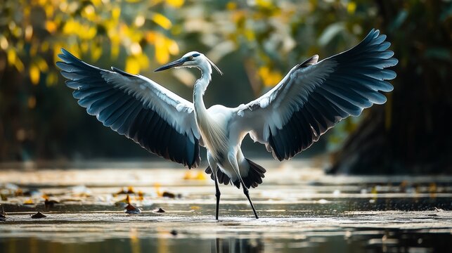 A large white and black bird with long wings is standing in the water