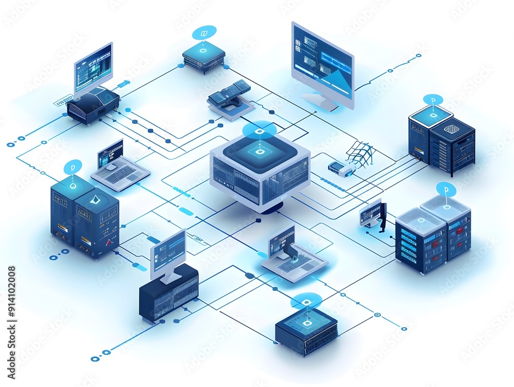Poster digital network representation with interconnected servers, computers, and devices showcasing data e