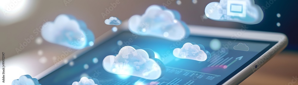 Poster digital tablet with cloud icons representing data storage, online technology, and cloud computing se