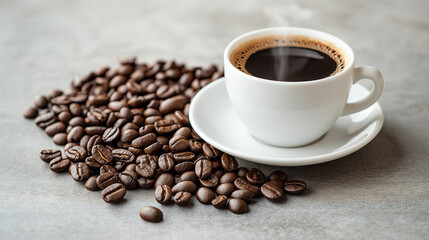 A white ceramic cup filled with steaming black coffee placed on a white saucer. Surrounding the saucer is a pile of roasted coffee beans, predominantly brown with some darker and lighter shades