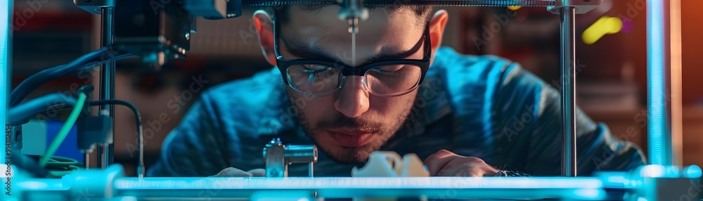 Poster focused engineer working on a precision project with advanced machinery in a high-tech workshop. inn