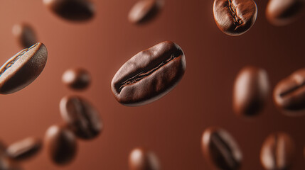 Fototapeta premium A close-up view of coffee beans. Some beans are levitating in the air, while others are settled at the bottom. The background is a gradient of warm brown hues, emphasizing the rich aroma and texture 