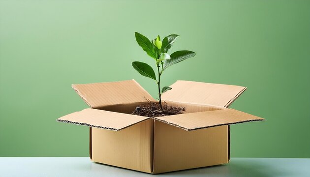 Plant growing in a cardboard box on simple colored background with copy space