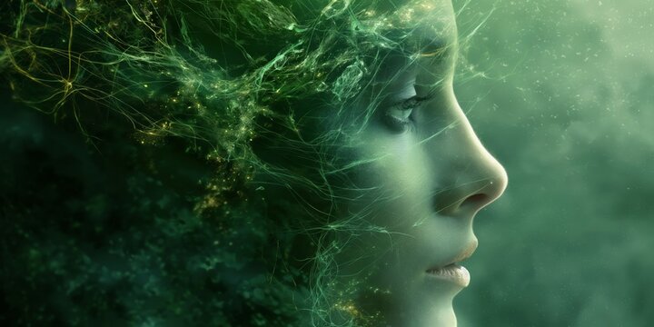 A close-up profile of a female face merging with an ethereal, green microcosm of glowing elements and abstract patterns