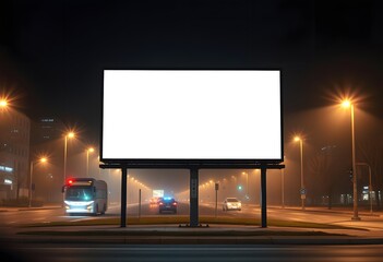 Advertising billboard mock-up. A large blank billboard at night with street lights and a dark background