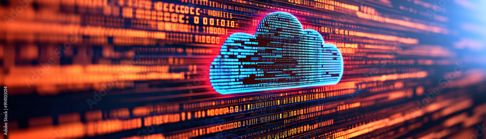 Poster futuristic digital cloud technology concept with glowing code data stream background, representing c