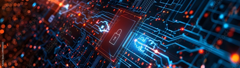 Aufkleber digital circuit board with a security lock icon highlighting cybersecurity and data protection. abst