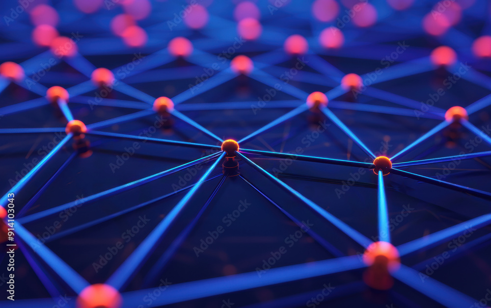 Poster Abstract representation of a neural network with interconnected nodes and glowing points on a dark background. Futuristic technology and AI concept.