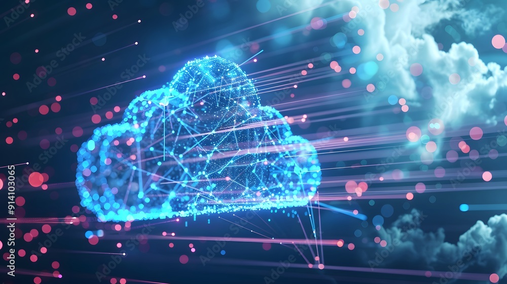 Poster digital cloud with glowing connections representing data transfer and technology advancements in a f
