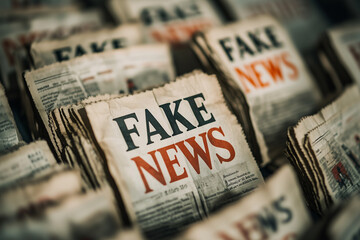 Stack of Old Newspapers Highlighting Fake News Headline

