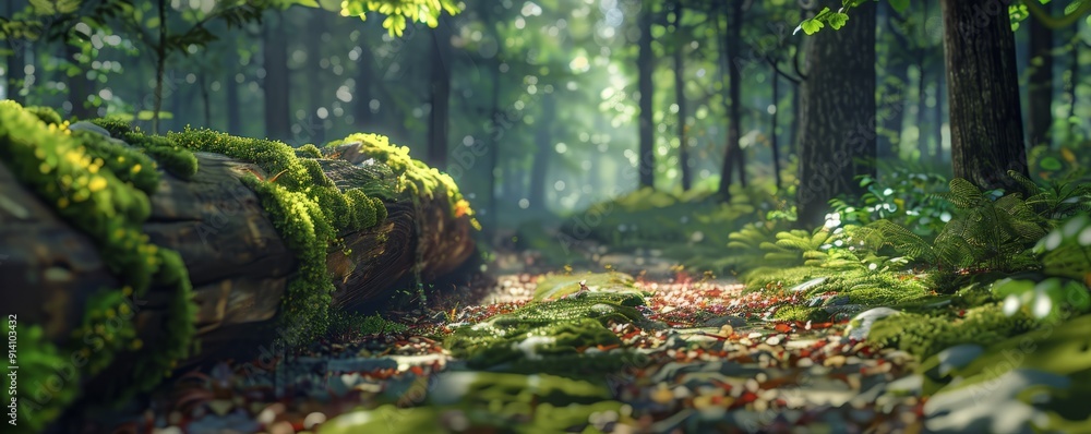 Poster sunlit forest path with a fallen log covered in moss and fungi, 4k hyperrealistic photo
