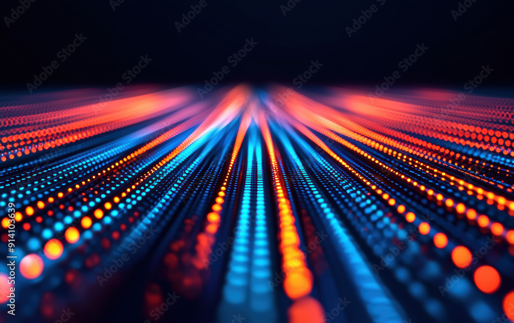 Poster abstract futuristic background with glowing blue and orange lines moving towards the vanishing point