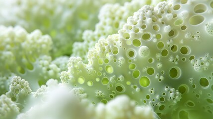 Close-up of a textured microcosm with white and lime green colors, featuring intricate patterns and bubbles