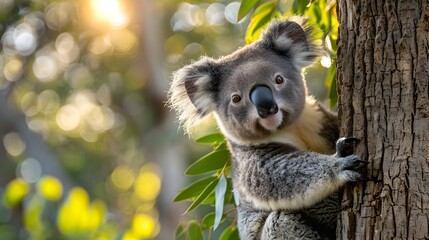 Gentle Koala Cuddling Eucalyptus Tree in Lush Forest Habitat