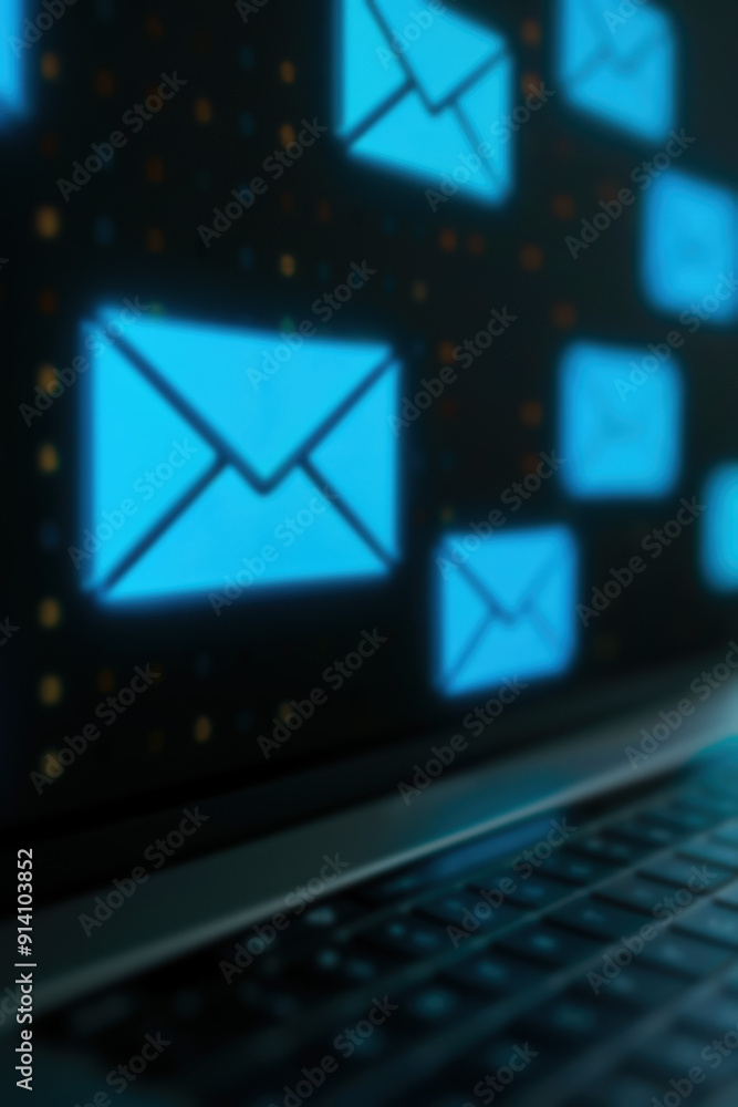 Poster blurred image of blue email icons on a digital screen above a keyboard, representing digital communi