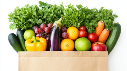 A brown paper bag filled with a variety of fresh produce. From the top, there's a bunch of green leafy vegetables, followed by a yellow bell pepper, a purple eggplant, a red apple, an orange