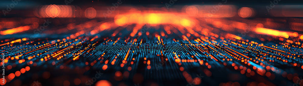 Poster a futuristic digital landscape with glowing data streams and vibrant color lines, representing moder