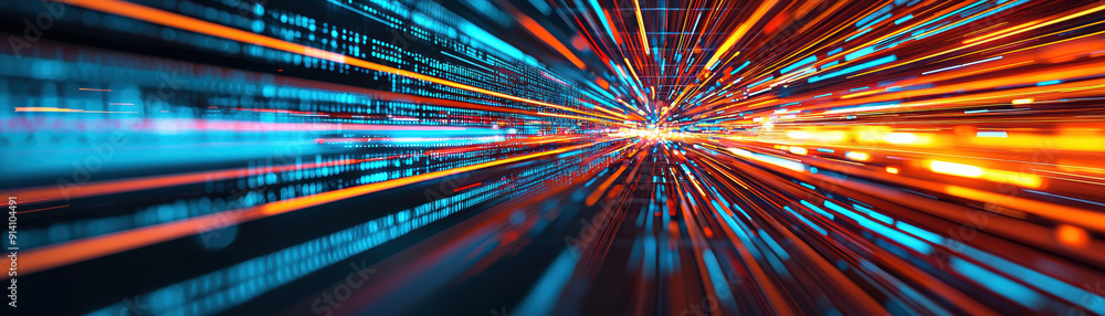 Poster abstract background with colorful light streaks and binary code. dynamic motion and futuristic techn