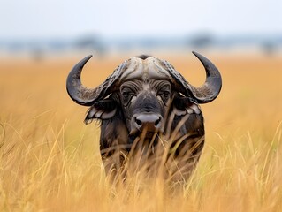 Powerful Buffalo Roaming Majestic Grasslands  Its Strong Build and Fur Emphasizing its Strength in Wildlife Portrait Concept with Copy Space