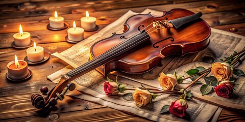 Fototapeta premium Elegant violin lies on a rustic wooden floor surrounded by scattered sheets of music, with a few candles and flowers adding a touch of romance.