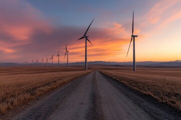 Obraz premium A dirt road leads directly to a stretch of wind turbines standing in a field, set against a colorful dusk sky, showcasing the harmony between technology and nature.