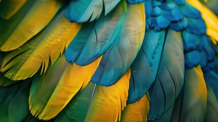 Obraz premium Closeup of vibrant parrot feathers colorful blue and yellow plumage