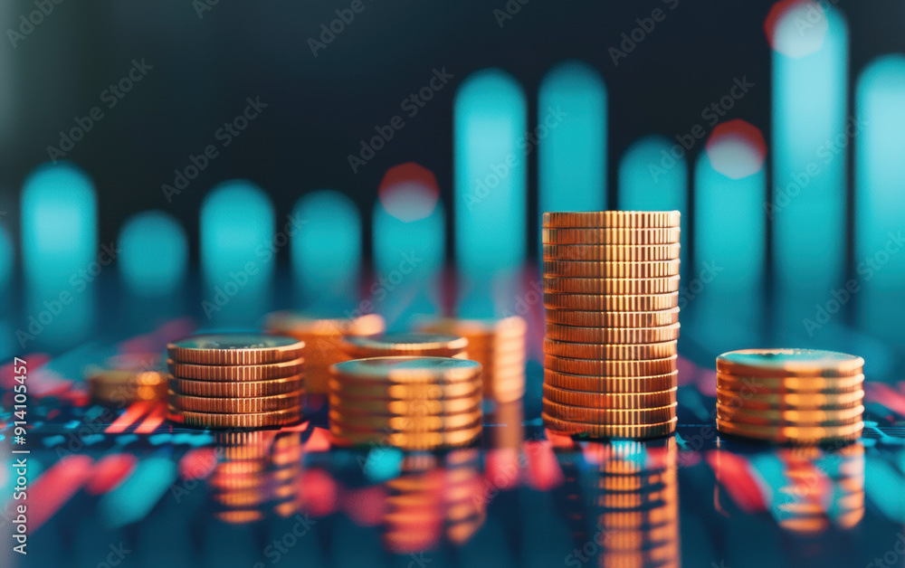 Poster stack of golden coins against a background of financial data and graphs representing economic growth