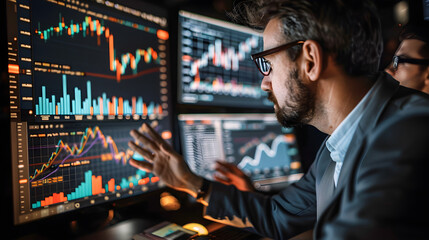 Diverse group of traders examining graphs and charts together in a modern office setting.