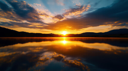 Fototapeta premium The sun is setting over a lake, casting a warm glow on the water. The sky is filled with clouds, creating a serene and peaceful atmosphere