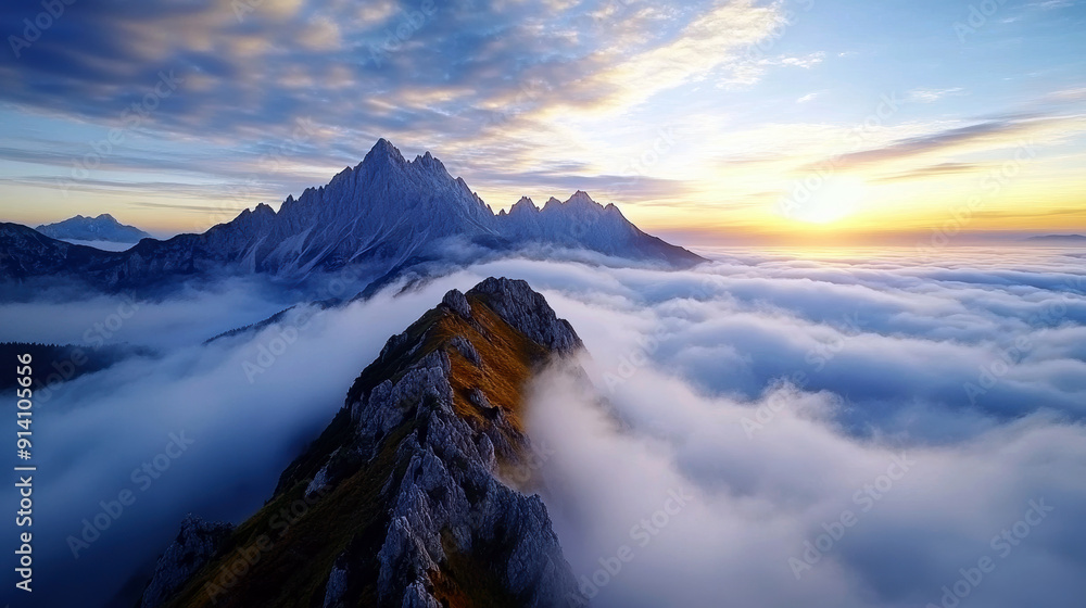 Poster a mountain range with a cloudy sky and a sun setting in the background. the sky is a mix of blue and