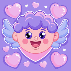 Kawaii Cupid with Hearts on Purple Background, Valentine's Day Theme
