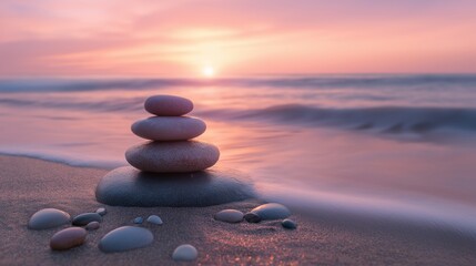 A serene stack of smooth stones balanced on a beach at sunset, with gentle waves lapping at the shore