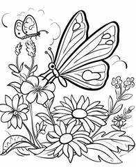 Detailed butterfly and flowers illustration, black and white coloring page
