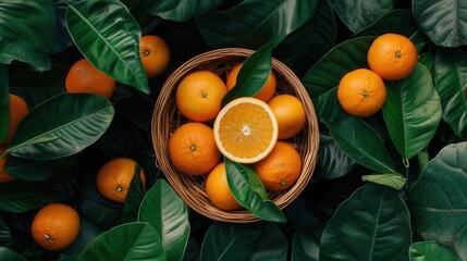 A basket of fresh harvested orange fruit with green leaf background in plantation farm field