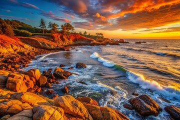 Fototapeta premium Vibrant orange hues illuminate serene landscape as gentle waves caress rocky shoreline, warm light casting long shadows on tranquil coastal scene at dusk.