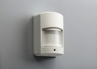 Small, sleek, white motion detector mounted on a white wall, isolated against a subtle gray background, highlighting its modern design and functionality.