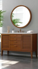 Fototapeta premium A stylish reception area showcases a wooden desk with sinks, illuminated by a large circular mirror and accentuated with decorative plants on either side