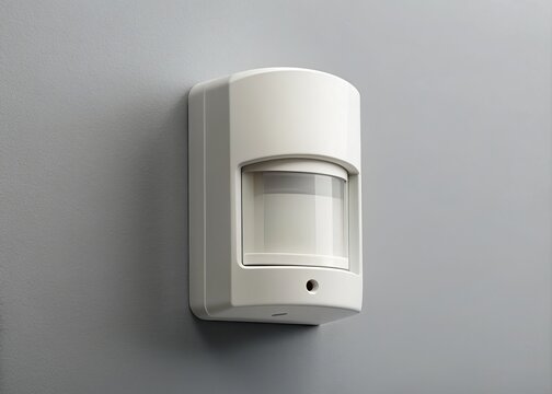 Small, sleek, white motion detector mounted on a white wall, isolated against a subtle gray background, highlighting its modern design and functionality.