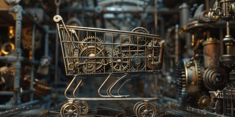 Steampunk shopping cart filled with gears.