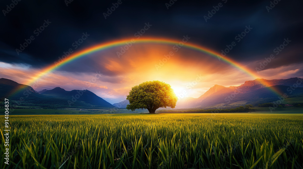 Poster a rainbow is over a tree in a field. the sky is cloudy and the sun is setting