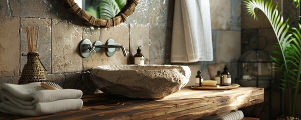 Obraz premium Rustic bathroom with a stone sink, wooden vanity, and natural elements, 4K hyperrealistic photo