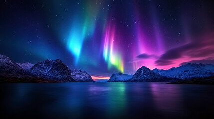 Naklejka premium The sky is filled with auroras and the mountains are in the background. The water is calm and the sky is dark