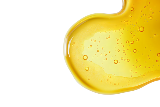 Yellow texture of a drop of whey or olive oil on a white background. Transparent sample of cosmetic gel with bubbles. Golden acid cream. Vitamin c. A drop of honey. Hyaluronic acid.