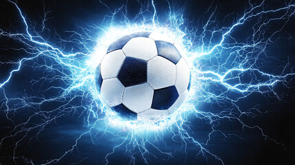Fototapeta premium Flying Football with Lightning on Dark Background, Energy Flash and Light Effects, Dynamic Football Burst, Intense Light and Thunder Visual, High-Impact Sports Design, Dramatic Lightning and Ball