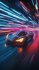 Obraz premium Futuristic Supercar Accelerating on Neon-Lit Highway: High-Speed Thrill with Colorful Light Trails. Dynamic Concept Vehicle Showcasing Power and Innovation in Cutting-Edge Automotive Design. 4K Illust