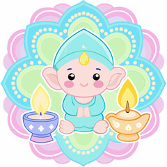 Adorable Cartoon Character with Diya Lamps for a Diwali Festival of Lights