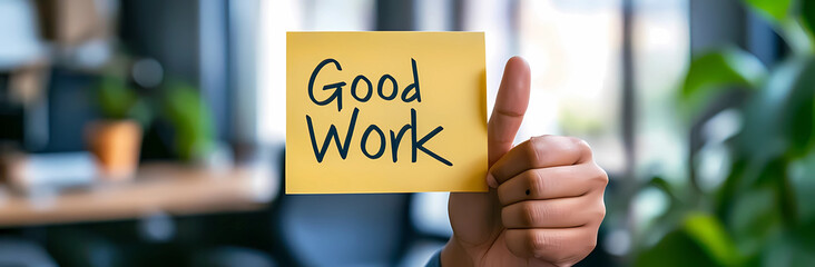 A person holding up an inscription on a sticky note that says "Good Work" with a thumbs-up