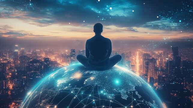 A man is sitting on a globe in the middle of a city