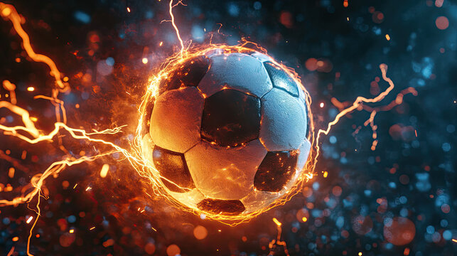 Flying Football with Lightning on Dark Background, Energy Flash and Light Effects, Dynamic Football Burst, Intense Light and Thunder Visual, High-Impact Sports Design, Dramatic Lightning and Ball